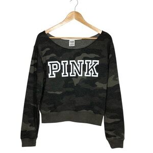 Victoria's Secret PINK Cotton Mix Relaxed Fit Stretch Fleece Raw Crew Camo Top S
